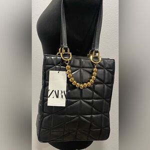 Zara Black Quilted Shoulder Handbag Tote with Gold Beads RARE